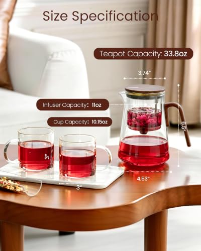 Magnetic Glass Teapot with Infuser and 2 Cups for Loose Tea