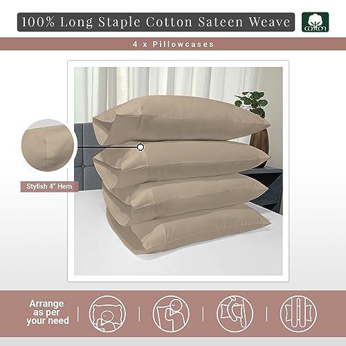 100% Cotton 4PC Queen Size Pillowcases 400 Thread Count Simply Taupe (2 Count)