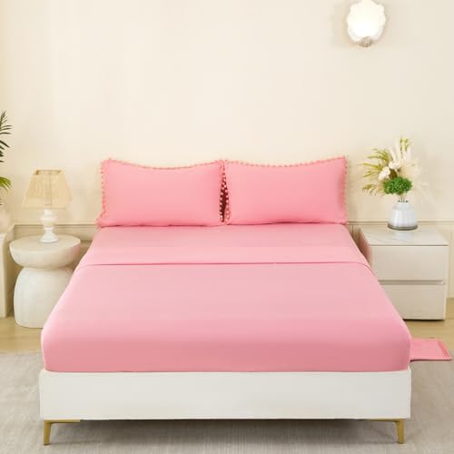 Coral Pink Comforter Set Twin Size 5 Pieces Pom Pom Fringe Solid Bedding Set for Girls Kids Bedroom Soft Fluffy Down Alternative Boho Bed in a Bag with Sheets