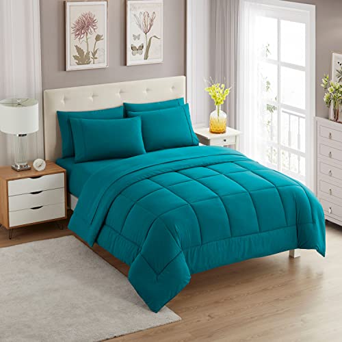 7 Piece Comforter Set Bag Solid Color All Season Soft Down Alternative Blanket & Luxurious Microfiber Bed Sheets