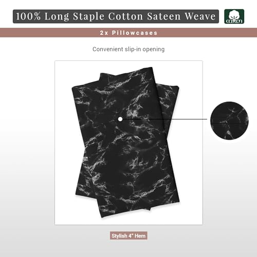 100% Cotton Marble Print Queen Pillowcases 400TC Black (2 Count)