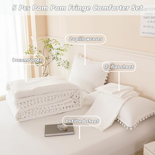 5 Pcs Ivory Comforter Sets Twin Size Pom Pom Fringe Solid Bedding Set with Sheets Soft Lightweight White Kids Bed in A Bag for Girls Boys