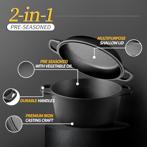 2-in-1 Pre-Seasoned Cast Iron Dutch Oven Pot with Skillet Lid Cooking Pan, Cast Iron Skillet Cookware Pan Set with Dual Handles, Indoor Outdoor for Bread/Frying/Baking/Camping/BBQ, 5 Qt