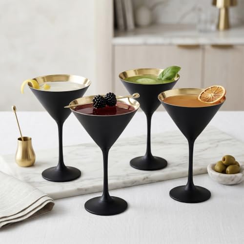 8 Ounce Modern Matte Black and Metallic Gold Tone Plated Martini Glasses (4 Count)