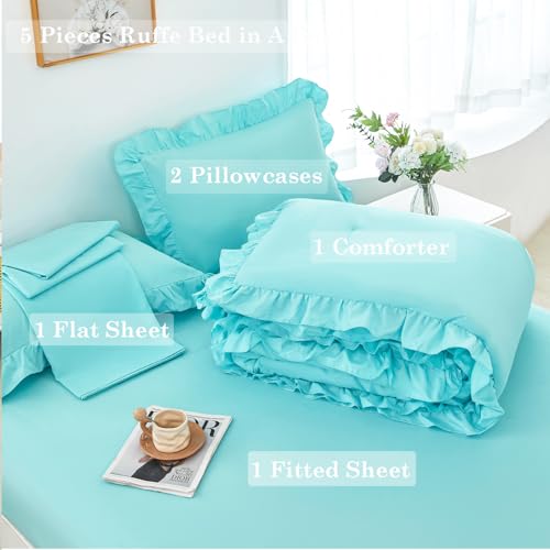 Aqua Blue Ruffle Comforter Set King 5Pcs Ruffled Bed in A Bag