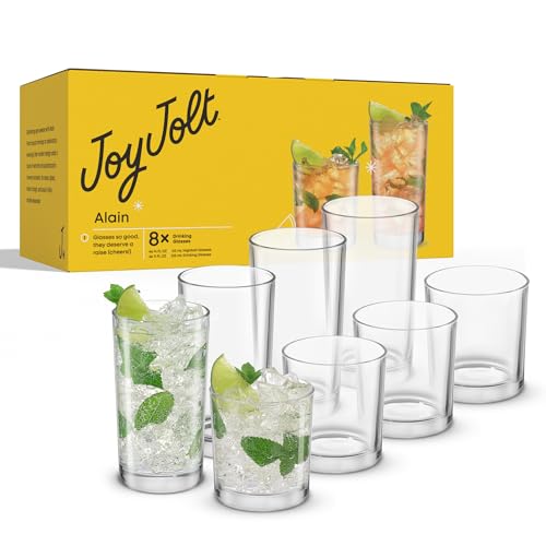 Alain Drinking Glasses Set of 8 Glass Tumblers. Highball 14oz Bar Glasses and Lowball 10oz Rocks Glasses Set. Cocktail (8 Count)