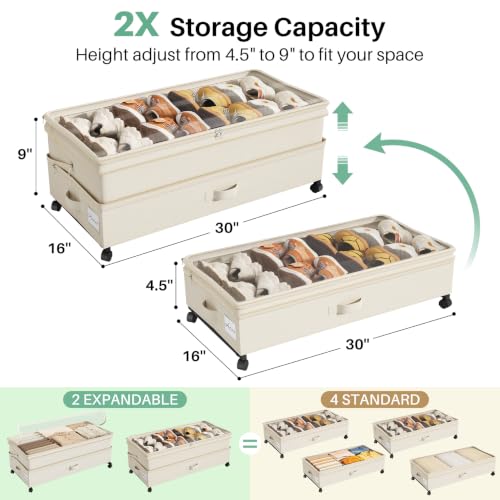 2Pack Height adjustable Under Bed Storage with Wheels (2 Count)