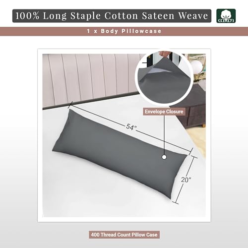 100% Cotton Long Body Pillow Case 400 Thread Count Dark Grey (2 Count)