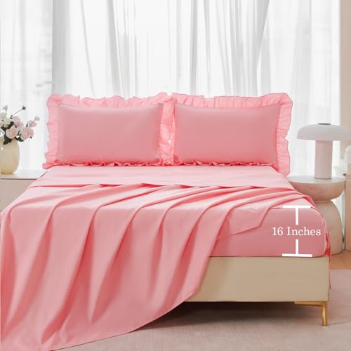 5 Pieces Ruffle Full Bed in A Bag Coral Pink Bedding Comforter Set