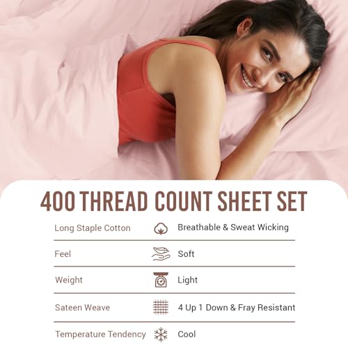 100% Cotton Sheets Set King 400 Thread Count Light Pink