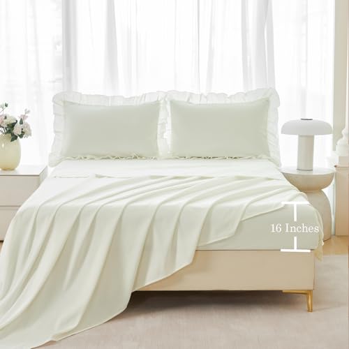 Queen Comforter Set Ivory 5 Pieces Beige Ruffled Bedding Sets Farmhouse Boho Bed in A Bag with Sheets Soft Shabby Chic Bed Set for Women Men (5 Count)