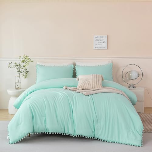 Mint Green Comforter Twin Size 5 Piece Bed in A Bag Set Boho Pom Pom Girls Bedding Comforter Set Soft Fluffy Kids Solid Bed Set with Sheet