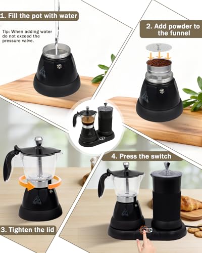 2-in-1 Milk Frother Electric Foam Maker and Moka Coffee Maker Espresso Maker 110V Electric Base Aluminum Frother Moka Pot 5oz 150ml Frothing Easy Brewing Latte Cappuccino Home Gift Black
