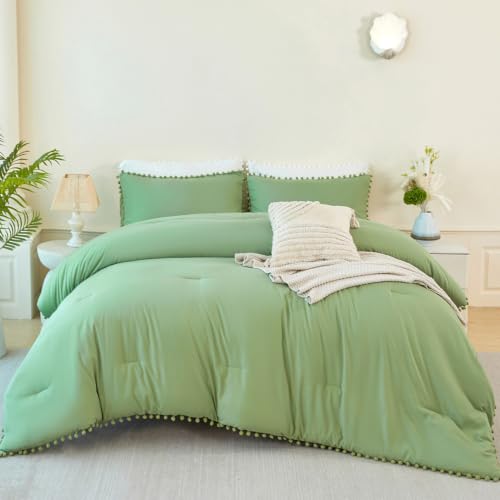 Green Bedding Set Full Size 5 Pieces Boho Pom Pom Fringe Bed in A Bag for Girls Kids Soft Lightweight All Season Solid Comforter Set for Bedroom