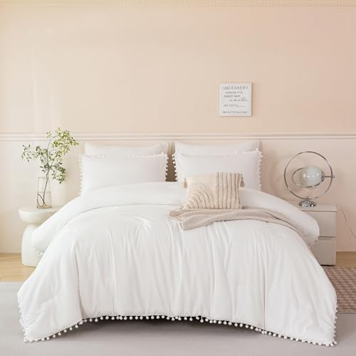 5 Pcs Ivory Comforter Sets Twin Size Pom Pom Fringe Solid Bedding Set with Sheets Soft Lightweight White Kids Bed in A Bag for Girls Boys
