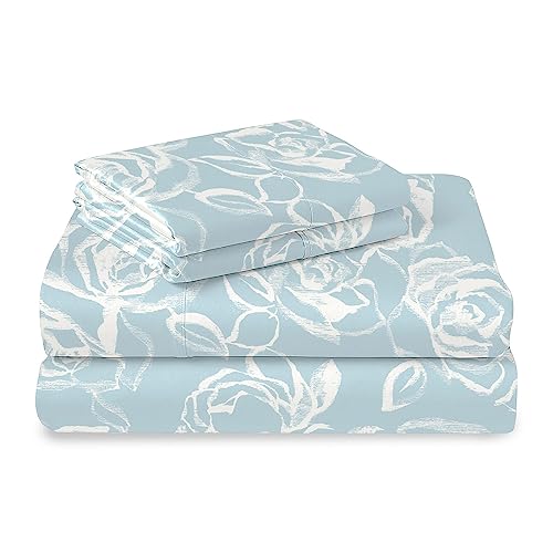 100% Cotton Simply Floral Print RV Queen Sheets Set 400TC Blue