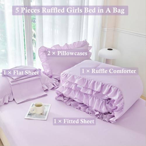 5 Pieces Purple Comforter Set Twin Lavender Ruffle Bed in A Bag with Sheet Sets Solid Color Farmhouse Bedding Sets Soft Microfiber Bed Sets for Girls Kids