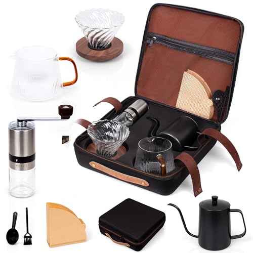 Outdoor Travel Coffee Gift Set with Goose Neck Kettle Glass Server Manual Grinder Glass Dipper 100 pcs Paper Filter and Scope for Drip