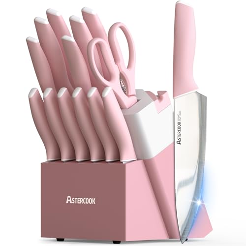 Knife Set Kitchen Knives Set with Block and Sharpener 15 Pcs German Stainless Steel Knives Sharp Blade Dishwasher Safe Deba Knives with Ergonomic Handle (15 Count)