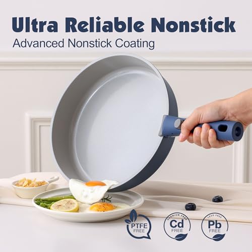 17 Piece Ceramic Detachable Handle Pots and Pans Set Navy