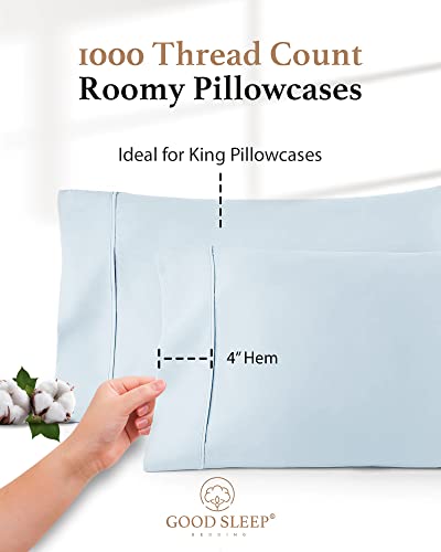 1000 TC Light Blue King Pillowcases Set of 4 100% Egyptian Cotton Pillow Cases with Long Staple Cotton & Sateen Weave (4 Count)