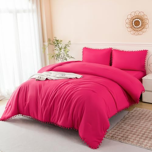 5 Piece Hot Pink Comforter Sets Twin Size Pom Pom Girls Bedding Set with Sheets Soft Aesthetic Boho Bed in a Bag Solid Bedding Comforter for All Season