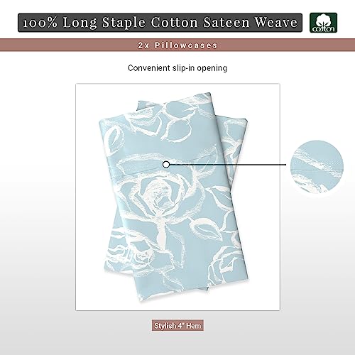 100% Cotton Simply Floral Print Queen Pillowcases 400TC Blue (2 Count)