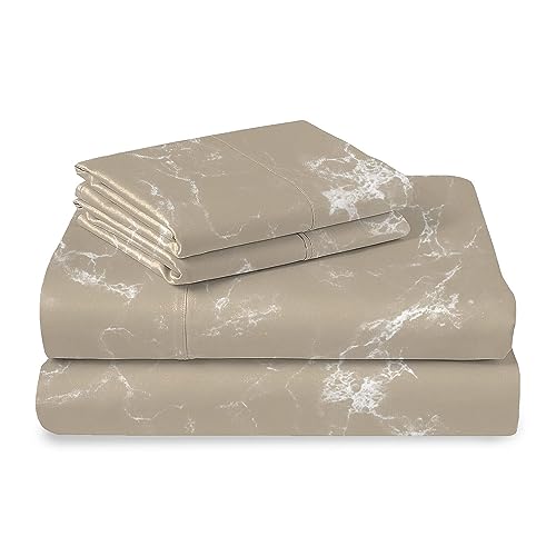 100% Cotton Marble Print RV King Sheets Set 400 Thread Count Taupe