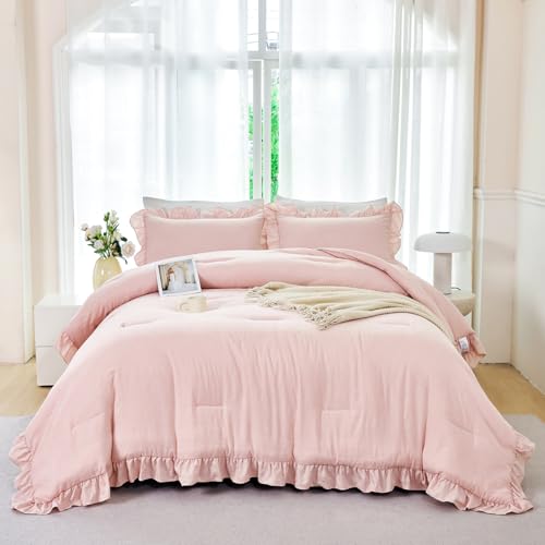 5Pcs Blush Pink King Bed in A Bag Ruffled Comforter Set with Sheet