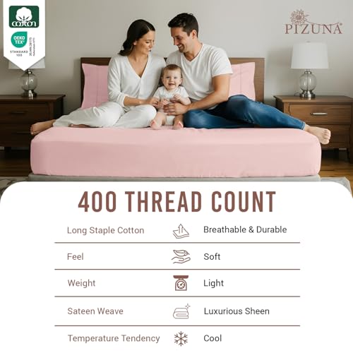 Cotton Queen Fitted Sheet + 2 Pillowcases Set 400TC Light Pink