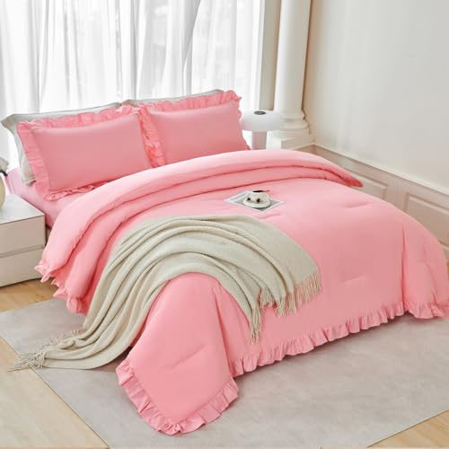 5 Pieces Ruffle Full Bed in A Bag Coral Pink Bedding Comforter Set