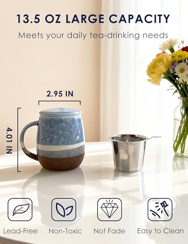 SISETOP 13.5 OZ Large Tea Cup with Infuser and Lid, Reactive Glaze Tea Infuser Mug, Ceramic Loose Leaf Teacup for Brewing, Microwave & Dishwasher Safe, Pale Blue