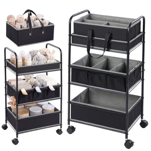 2in1 Baby Diaper Caddy Organizer Cart 3 Tier Large Capacity Metal Utility Bedside Rolling Cart with Divider Newborn Registry Nursery Essential Must Have Crib Bedroom Baby Shower (2 Count)