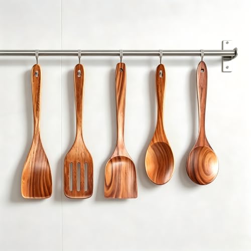 5 PCs Teak Wooden Utensil Set with Hooks (5 Count)
