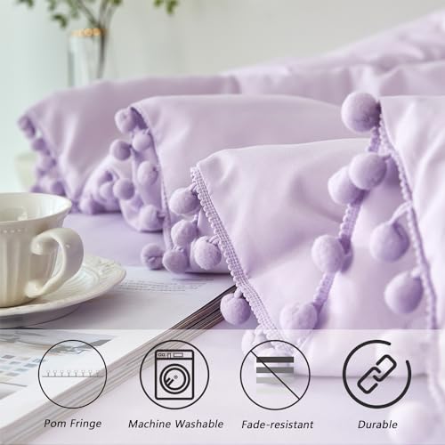 5 Pcs Lavender Pom Pom Comforter Queen Size Boho Luxury Light Purple Bedding Sets for Girls Soft Cozy Solid Bed in A Bag for Women Adults
