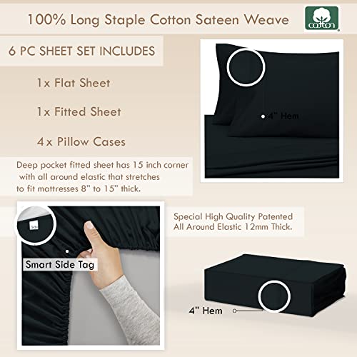 100% Cotton Sheets Set Queen with 4 Cases 400 Thread Count Black