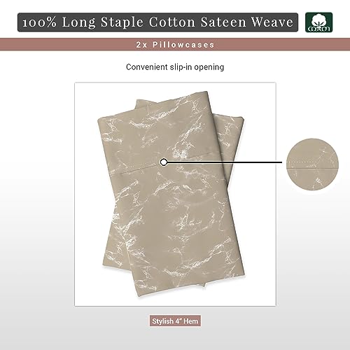 100% Cotton Marble Print Queen Pillowcases 400 Thread Count Taupe (2 Count)