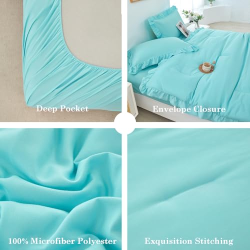 Aqua Blue Ruffle Comforter Set King 5Pcs Ruffled Bed in A Bag