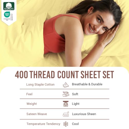 Cotton Sheets Set Queen with 4 Cases 400 Thread Count Mellow Yellow