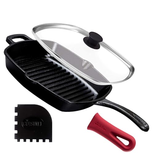 Cast Iron Square Grill Pan + Glass Lid + Pan Scraper + Handle Cover