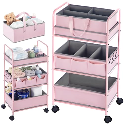 2in1 Baby Diaper Caddy Organizer Cart 3 Tier Large Capacity Metal Utility Bedside Rolling Cart with Divider Newborn Registry Nursery Essential Must Have Crib Bedroom Baby Shower (2 Count)