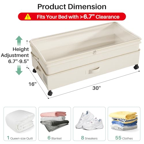 2Pack Height adjustable Under Bed Storage with Wheels (2 Count)
