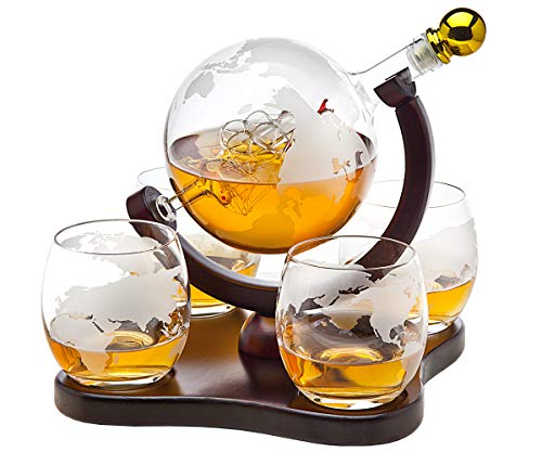 Whiskey Decanter Globe Set with 4 Etched Glasses for Liquor