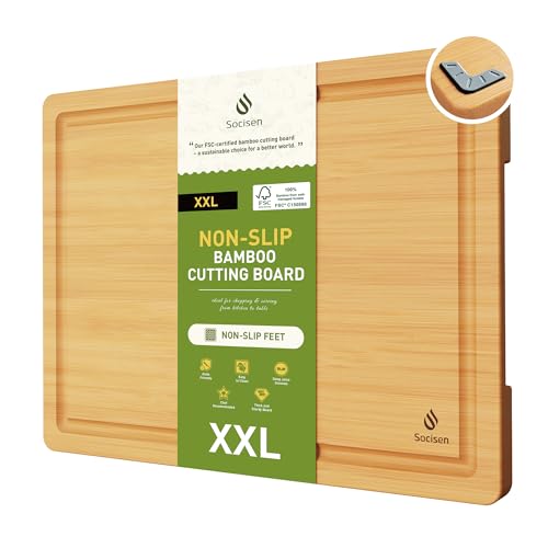 Extra Large Charcuterie Bamboo Board Non Slip Feet Over Sink Wooden Cutting Chopping Board Butcher Block Nice Solid Thick Juice Groove Big Xl XXl xlarge Hardwood Kitchen Counter Organic Meat BBQ Kit