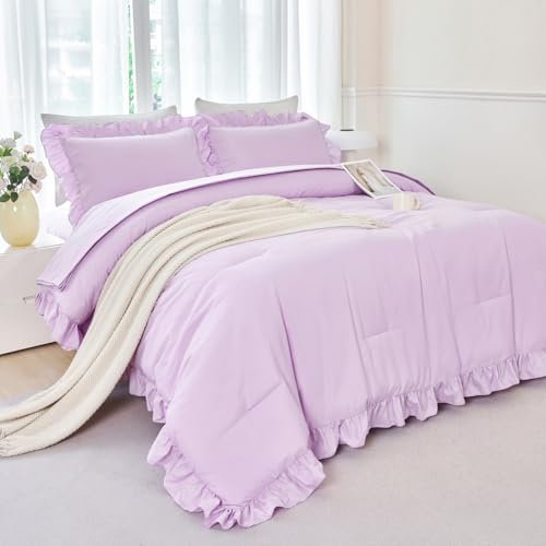 5 Pieces Purple Comforter Set Twin Lavender Ruffle Bed in A Bag with Sheet Sets Solid Color Farmhouse Bedding Sets Soft Microfiber Bed Sets for Girls Kids