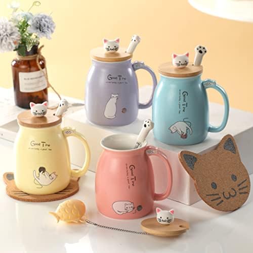 Cute Mugs Kawaii Cat Mug Ceramic Coffee Mug Tea Cup with Infuser and Lid Spoon Tea Mug Cute Cool Preppy Stuff Gifts for Women