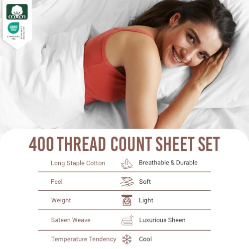 100% Cotton Sheets Set Queen with 4 Cases 400 Thread Count White