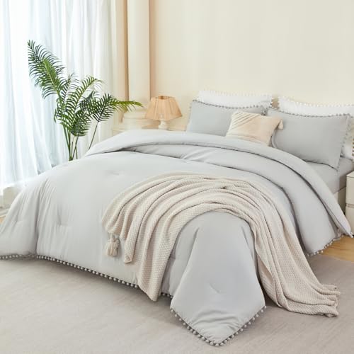 5 Pieces Light Grey Bed in A Bag Queen Set Boho Pom Pom Bedding Set for Boys Girls Ultra Soft Fluffy Solid Bed in A Bag with Comforter and Sheets for All Season Use