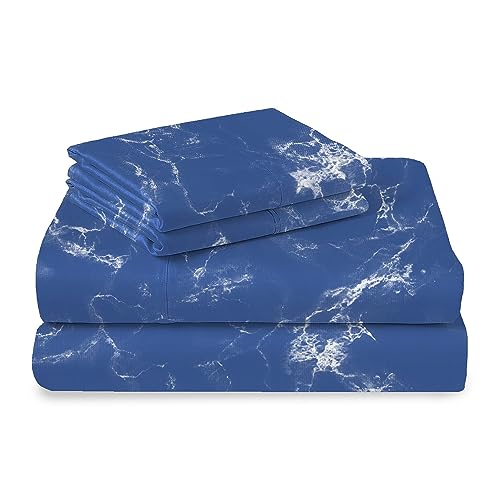 100% Cotton Marble Print King Sheets Set 400 Thread Count Blue