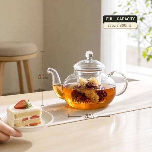 800ml(27oz) Borosilicate Glass Teapot with Removable Glass Infuser, Stovetop Safe Clear Tea Kettle for Blooming Tea & Loose Leaf Tea